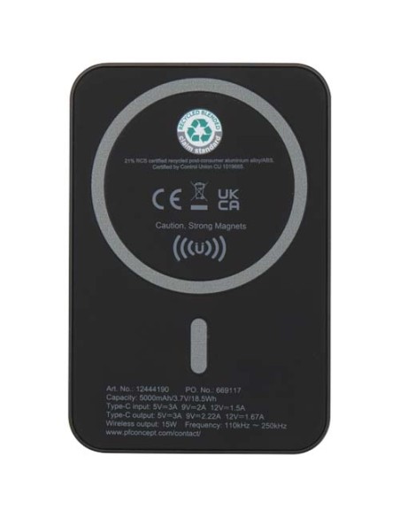 Power bank magnetico wireless da 5.000 mAh e 15 W con 20 W PD in plastica riciclata Acrab