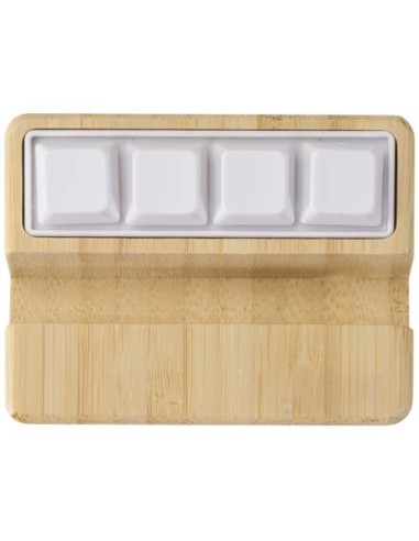 Supporto per telefono in plastica riciclata e giocattolo antistress con dettagli in bambù Algol