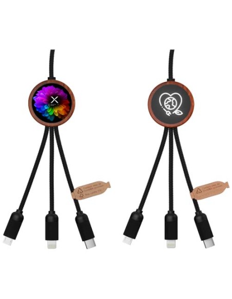 Cavo di ricarica da 40 W 5 in 1 in rPET riciclato con logo luminoso e custodia rotonda in legno SCX.design C37
