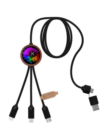 Cavo di ricarica da 40 W 5 in 1 in rPET riciclato con logo luminoso e custodia rotonda in legno SCX.design C37