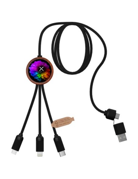 Cavo di ricarica da 40 W 5 in 1 in rPET riciclato con logo luminoso e custodia rotonda in legno SCX.design C37
