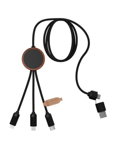 Cavo di ricarica da 40 W 5 in 1 in rPET riciclato con logo luminoso e custodia rotonda in legno SCX.design C37