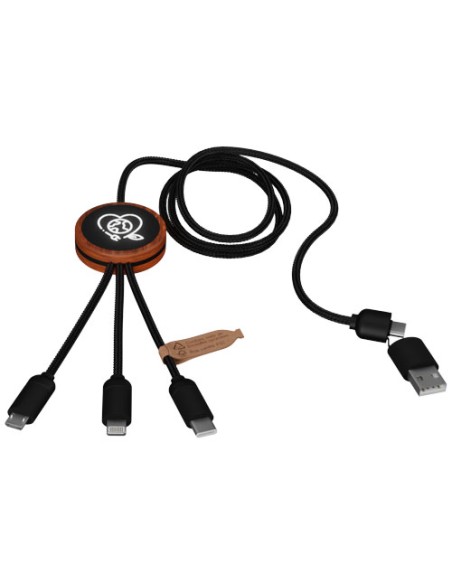 Cavo di ricarica da 40 W 5 in 1 in rPET riciclato con logo luminoso e custodia rotonda in legno SCX.design C37