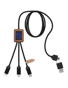 Cavo di ricarica 5 in 1 da 40 W in rPET riciclato con logo luminoso e custodia quadrata in legno SCX.design C38