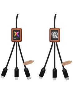 Cavo di ricarica 5 in 1 da 40 W in rPET riciclato con logo luminoso e custodia quadrata in legno SCX.design C38