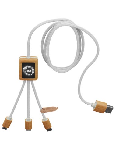 Cavo di ricarica 3 in 1 in PET riciclato con logo luminoso su base quadrata in bambù SCX.design C39