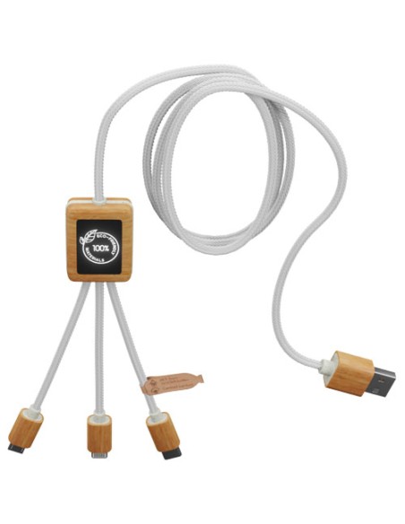 Cavo di ricarica 3 in 1 in PET riciclato con logo luminoso su base quadrata in bambù SCX.design C39