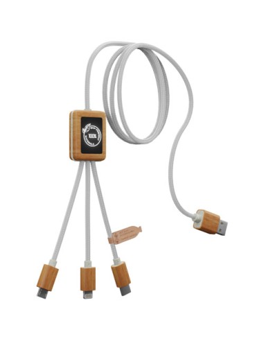 Cavo di ricarica 3 in 1 in PET riciclato con logo luminoso su base quadrata in bambù SCX.design C39