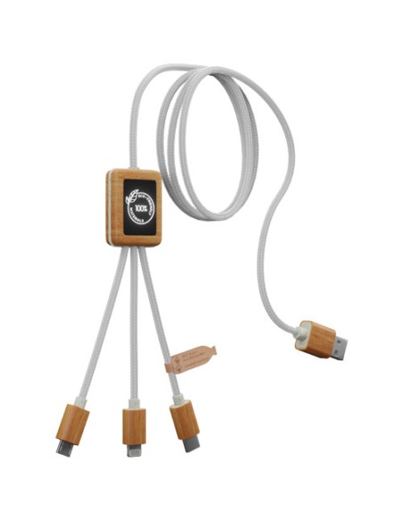 Cavo di ricarica 3 in 1 in PET riciclato con logo luminoso su base quadrata in bambù SCX.design C39