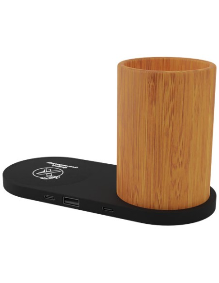 Stazione di ricarica wireless da 10 W con logo luminoso e portamatite in bambù SCX.design W17