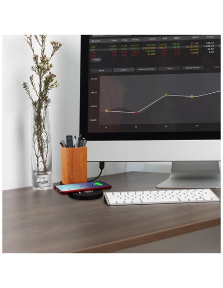 Stazione di ricarica wireless da 10 W con logo luminoso e portamatite in bambù SCX.design W17