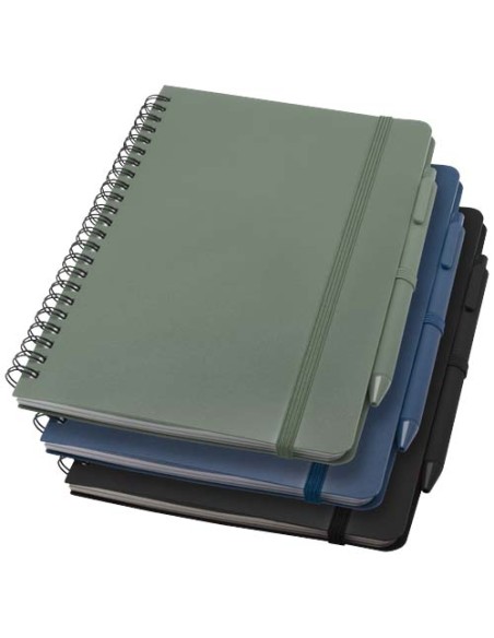 Blocco note formato A5 con copertina rigida in plastica recuperata in prossimità degli oceani e penna a sfera Thalaasa (inchi