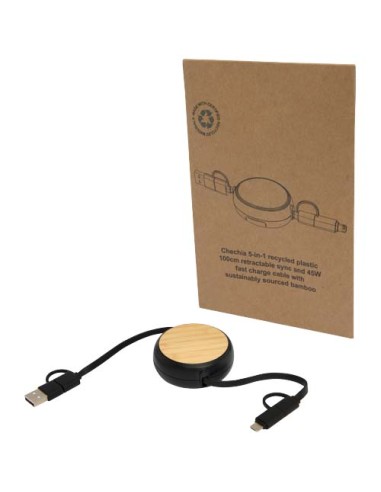 Cavo retrattile 5 in 1 in plastica riciclata da 100 cm per la sincronizzazione dei dati e la ricarica rapida da 45 W con dett