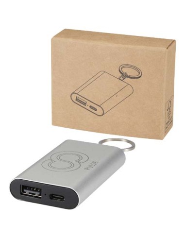 Power bank da 2000 mAh in alluminio riciclato con portachiavi Arcturus