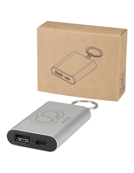 Power bank da 2000 mAh in alluminio riciclato con portachiavi Arcturus