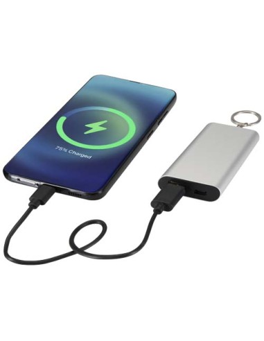 Power bank da 2000 mAh in alluminio riciclato con portachiavi Arcturus