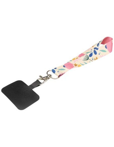 Mini-cordino con stampa sublimazione e supporto per telefono in PET riciclato Gaby