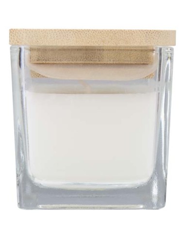 Candela quadrata in vetro con coperchio in bambù Ambra