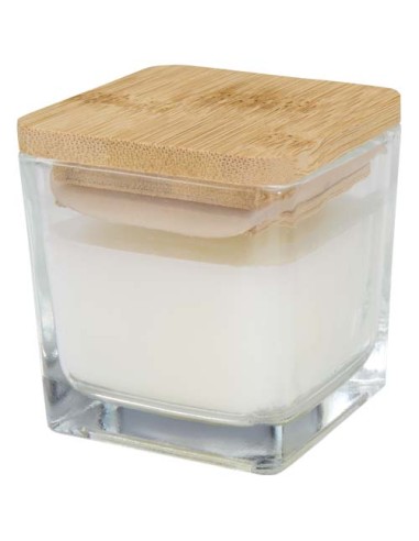 Candela quadrata in vetro con coperchio in bambù Ambra