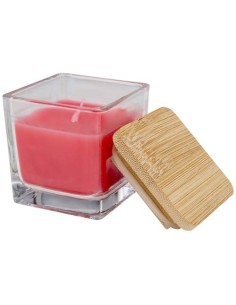 Candela quadrata in vetro con coperchio in bambù Ambra