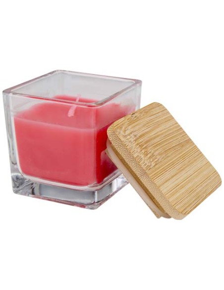 Candela quadrata in vetro con coperchio in bambù Ambra