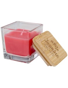 Candela quadrata in vetro con coperchio in bambù Ambra