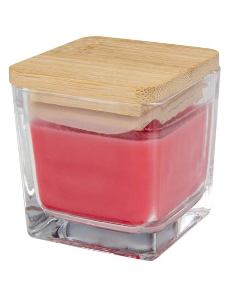 Candela quadrata in vetro con coperchio in bambù Ambra
